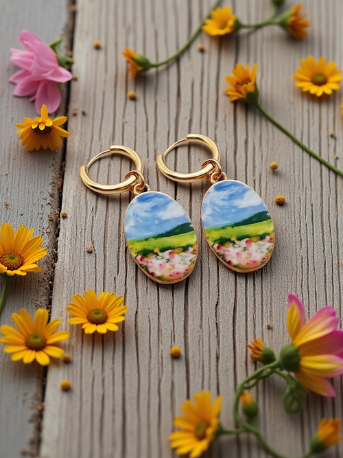 A pair of gold hoop earrings with oval charms depicting a colorful landscape scene, displayed on a rustic wooden surface surrounded by yellow and pink flowers.