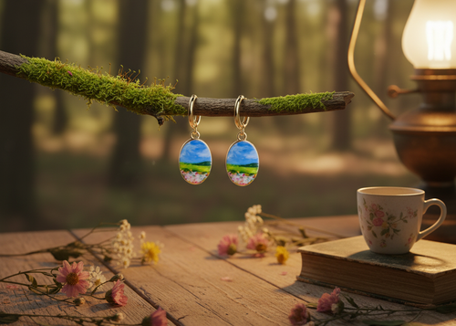 A pair of dangling earrings with oval charms showing a miniature landscape scene of blue sky, green grass, and pink flowers, hanging from a mossy branch on a rustic wooden table with a cup, book, and blurred forest background.