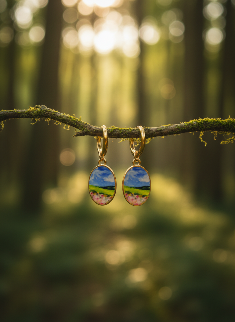 A pair of gold hoop earrings with oval charms depicting a colorful landscape of green fields, pink flowers, and a blue sky, hanging from a mossy tree branch in a forest.